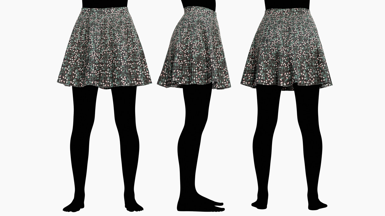 Front, side, and rear wireframe view of female skirt 3D model